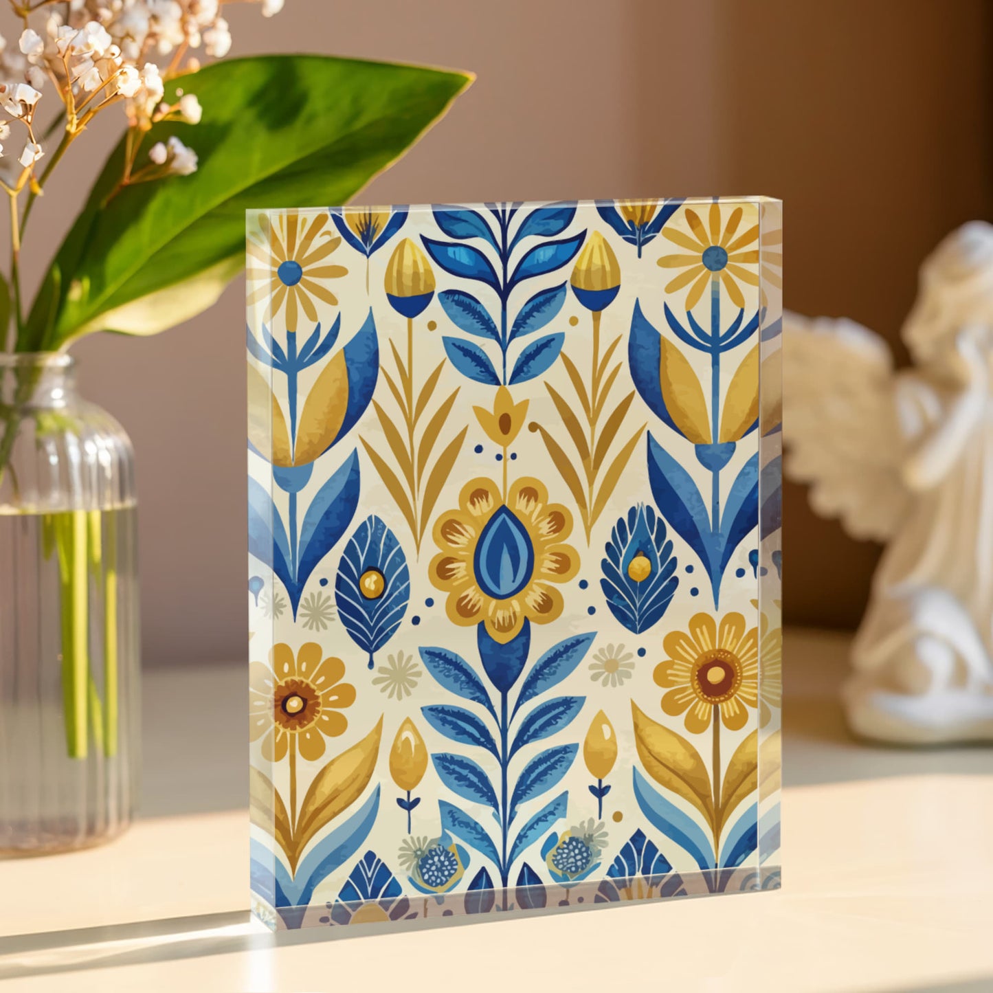 Folk Floral Pattern, Scandinavian Inspired 04 - 5.25" x 7" Acrylic Block