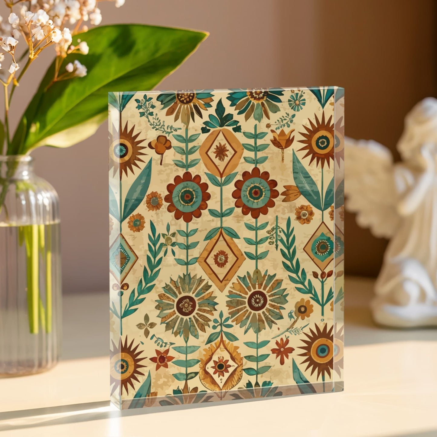 Folk Floral Pattern, Native American Inspired 02 - 5.25" x 7" Acrylic Block