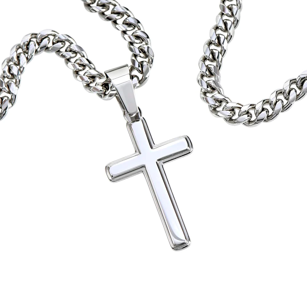Muscle Car 07 - Stainless Steel Cuban Link Chain Cross Necklace With Mahogany Style Luxury Box