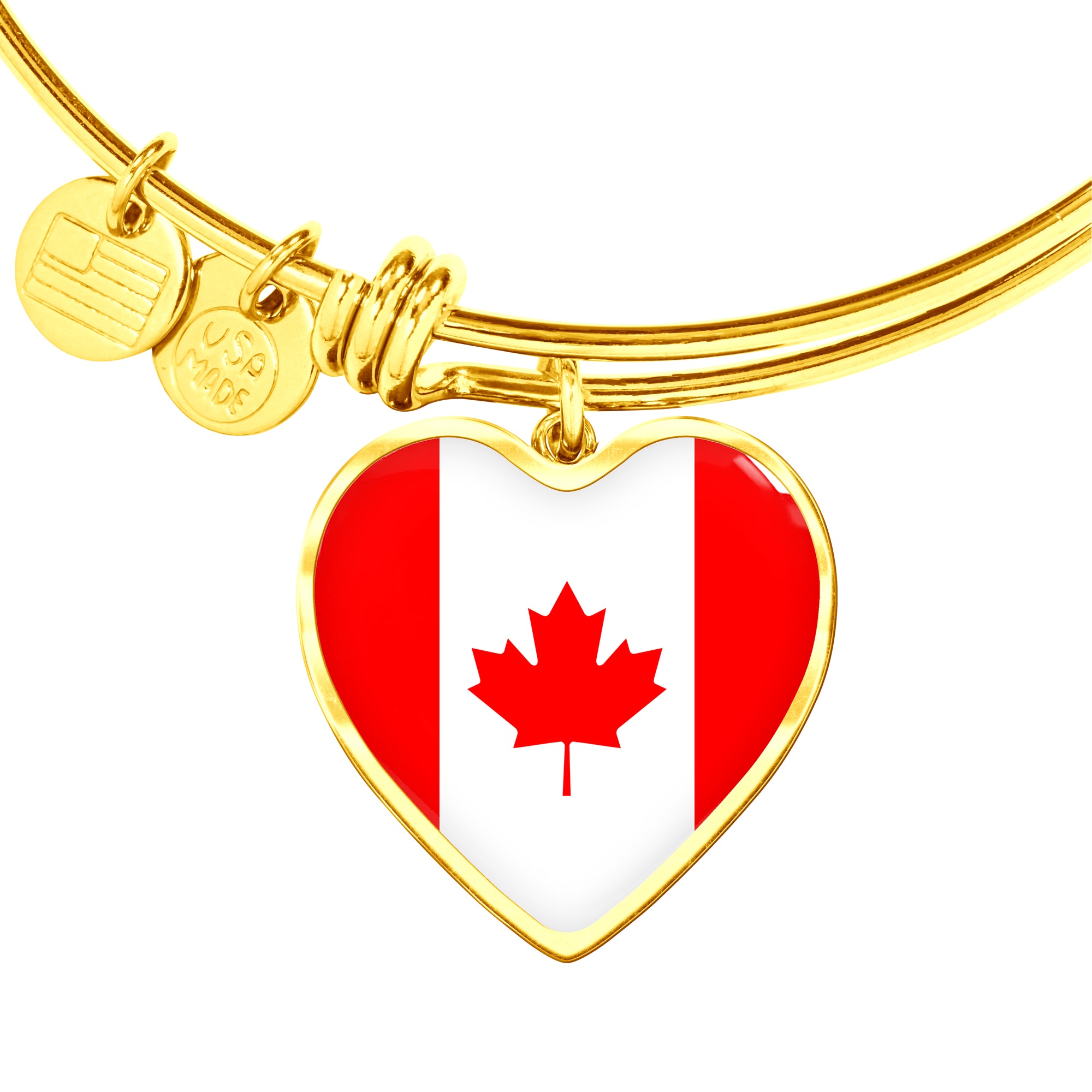 Canadian Flag - 18k Gold Finished Heart Pendant Bangle Bracelet