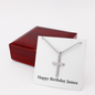 Happy Birthday James - Personalized Stainless Steel Ball Chain Cross Necklace With Mahogany Style Luxury Box