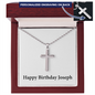 Happy Birthday Joseph - Personalized Stainless Steel Ball Chain Cross Necklace With Mahogany Style Luxury Box