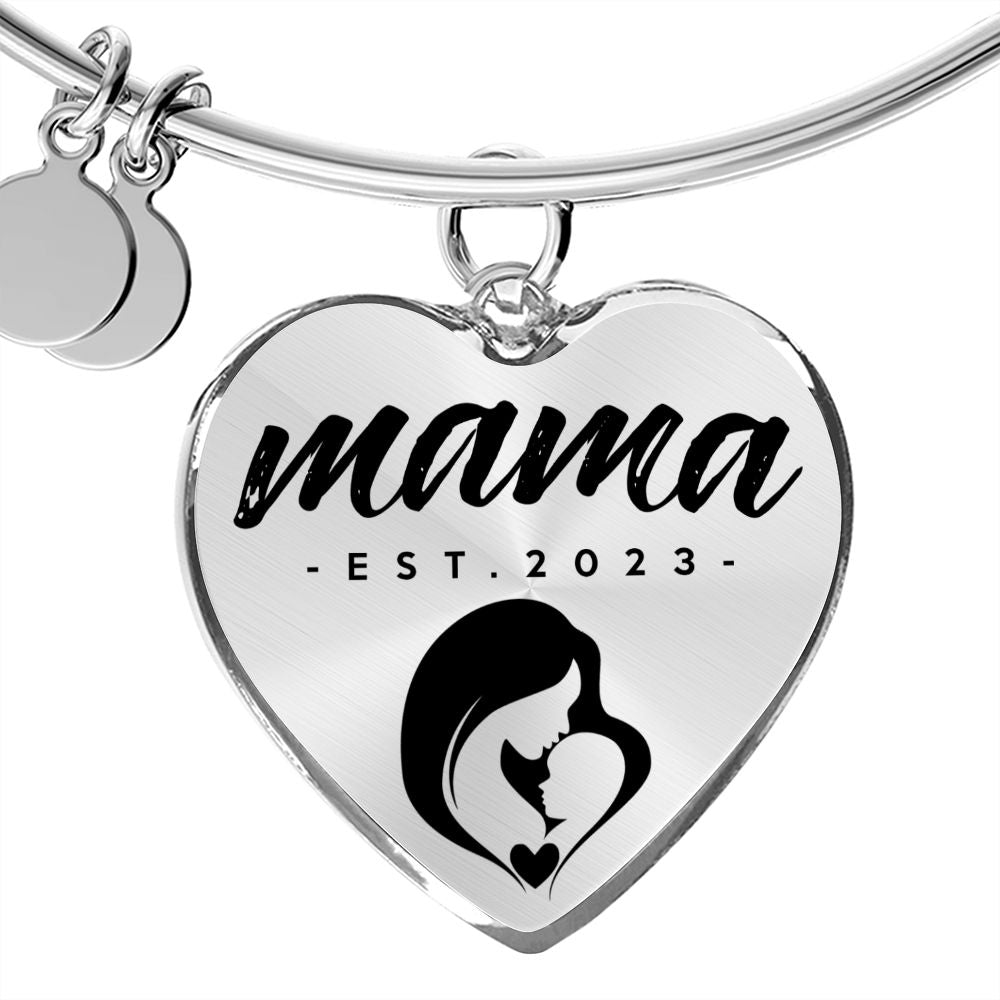 Mama, Est. 2023 - Heart Pendant Bangle Bracelet