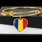 Romanian Flag - 18k Gold Finished Heart Pendant Bangle Bracelet