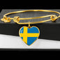 Swedish Flag - 18k Gold Finished Heart Pendant Bangle Bracelet
