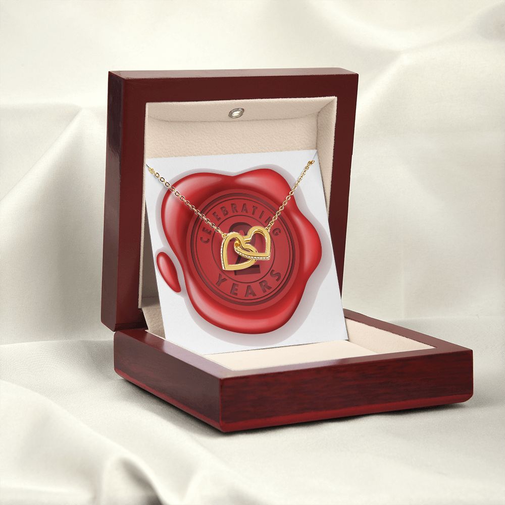 Celebrating 02 Years Anniversary - 18K Yellow Gold Finish Interlocking Hearts Necklace With Mahogany Style Luxury Box