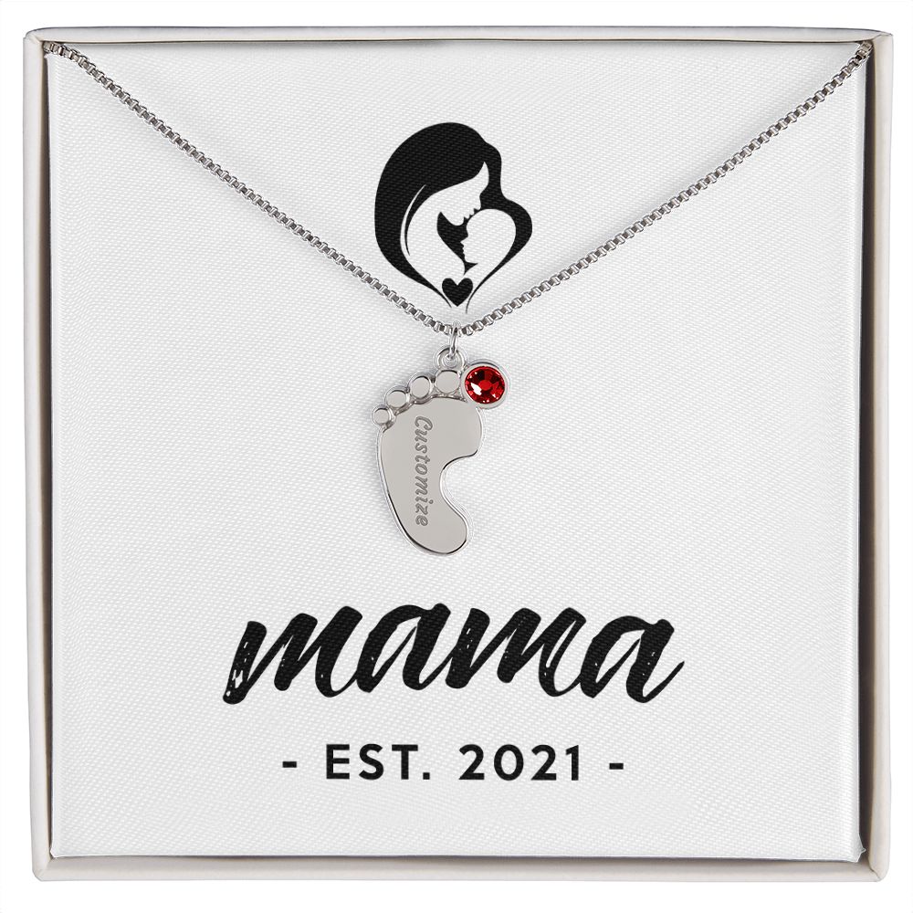 Mama, Est. 2021 - Personalized Baby Feet Necklace With Birthstone