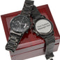 Custom Text Black Chronograph Watch With Mahogany Style Luxury Box
