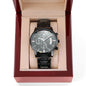 Custom Text Black Chronograph Watch With Mahogany Style Luxury Box