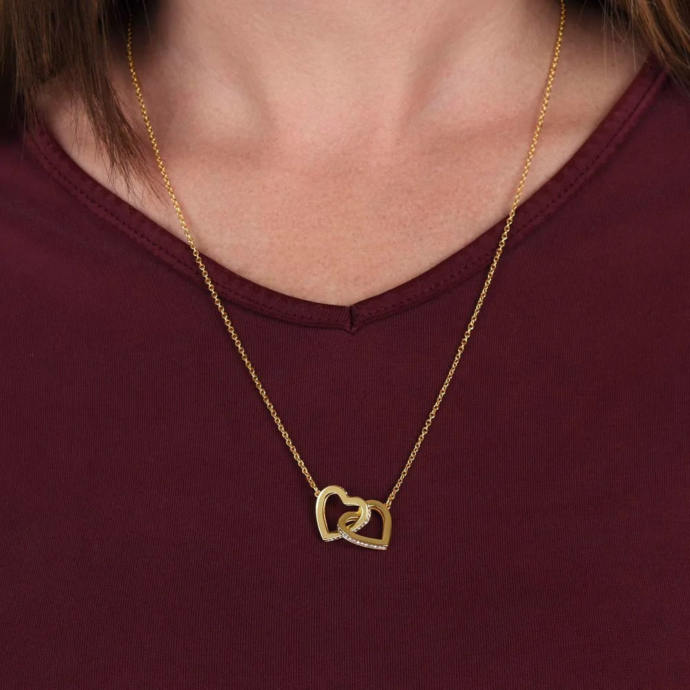 019 To My Beautiful Wife, Happy Anniversary - 18K Yellow Gold Finish Interlocking Hearts Necklace With Mahogany Style Luxury Box