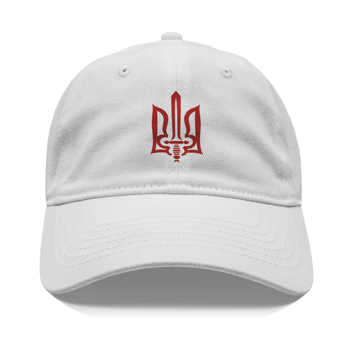 Stylized_Tryzub_Red_-_White_Cotton_Hat_Front_White_Mockup.png