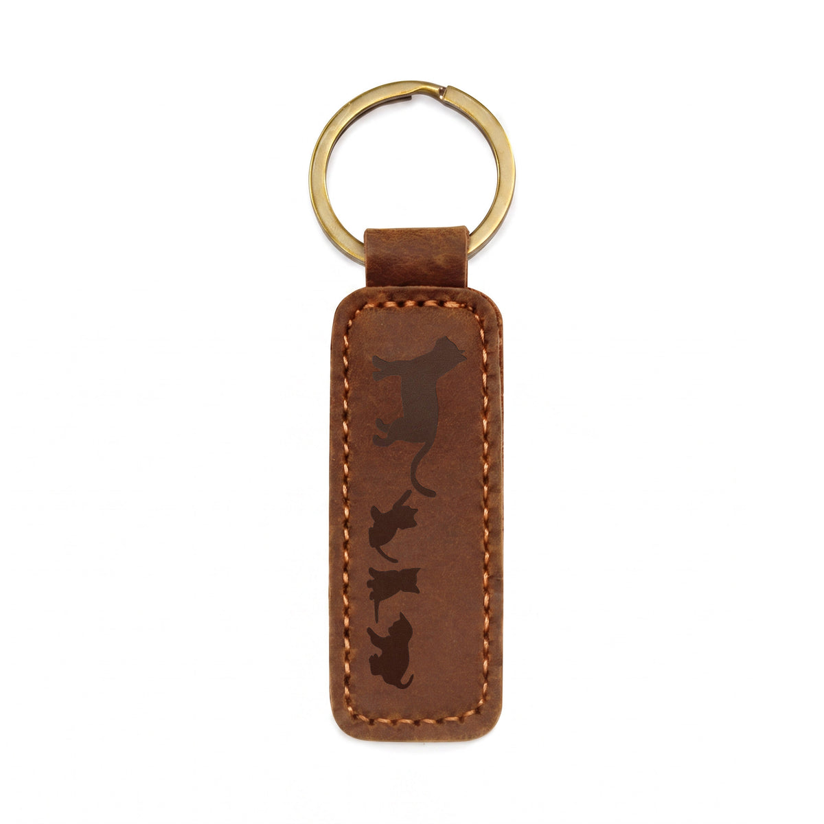Mama Cat With 3 Kittens - Engraved Leather Keychain
