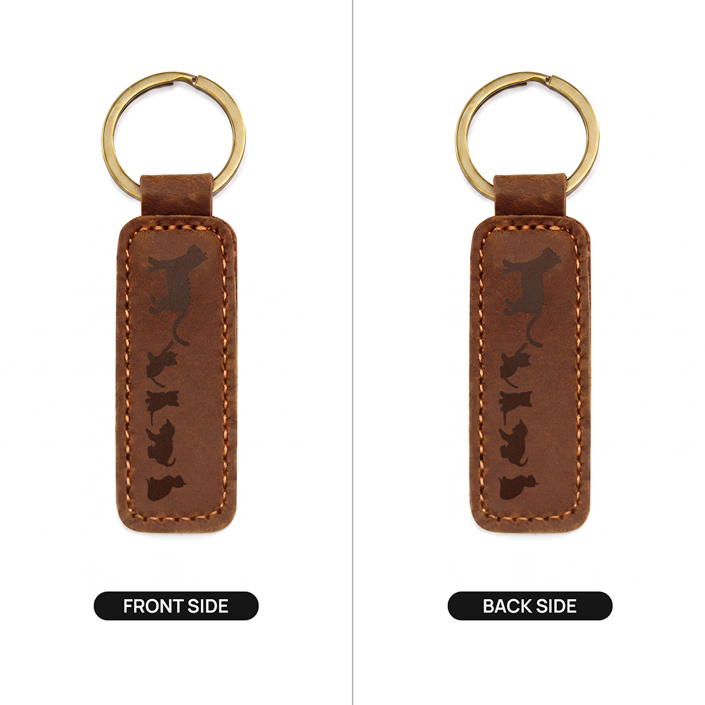 Mama Cat With 4 Kittens - Engraved Leather Keychain