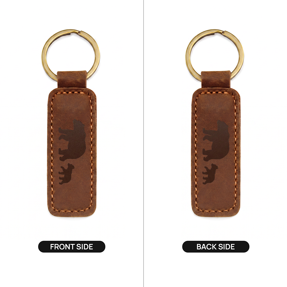 Mama Bear With 1 Cub - Engraved Leather Keychain