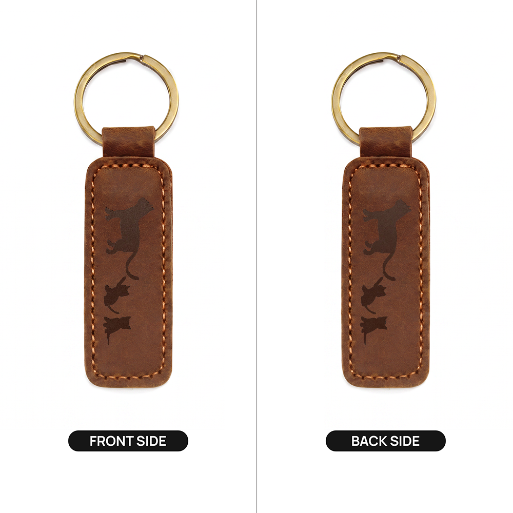 Mama Cat With 2 Kittens - Engraved Leather Keychain