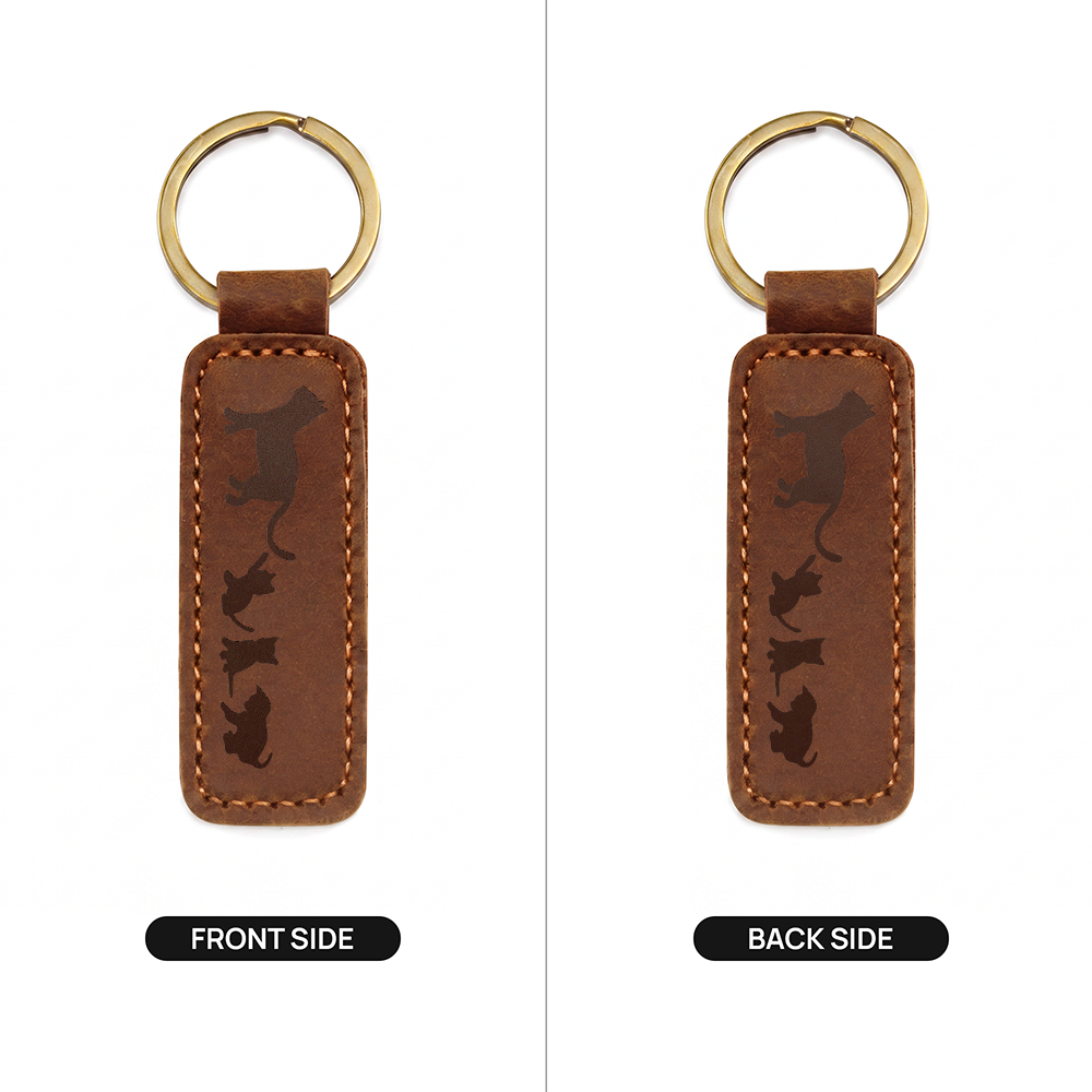 Mama Cat With 3 Kittens - Engraved Leather Keychain