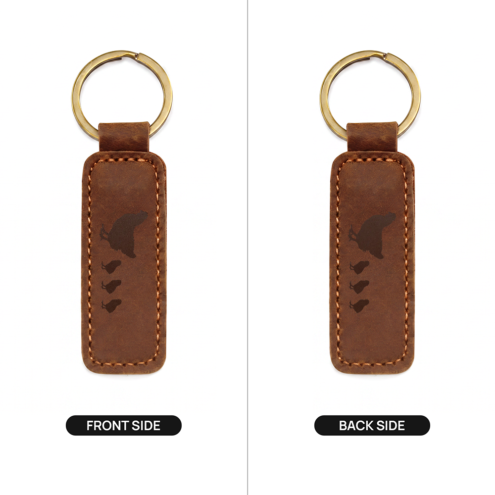 Mama Chicken With 3 Chicks - Engraved Leather Keychain