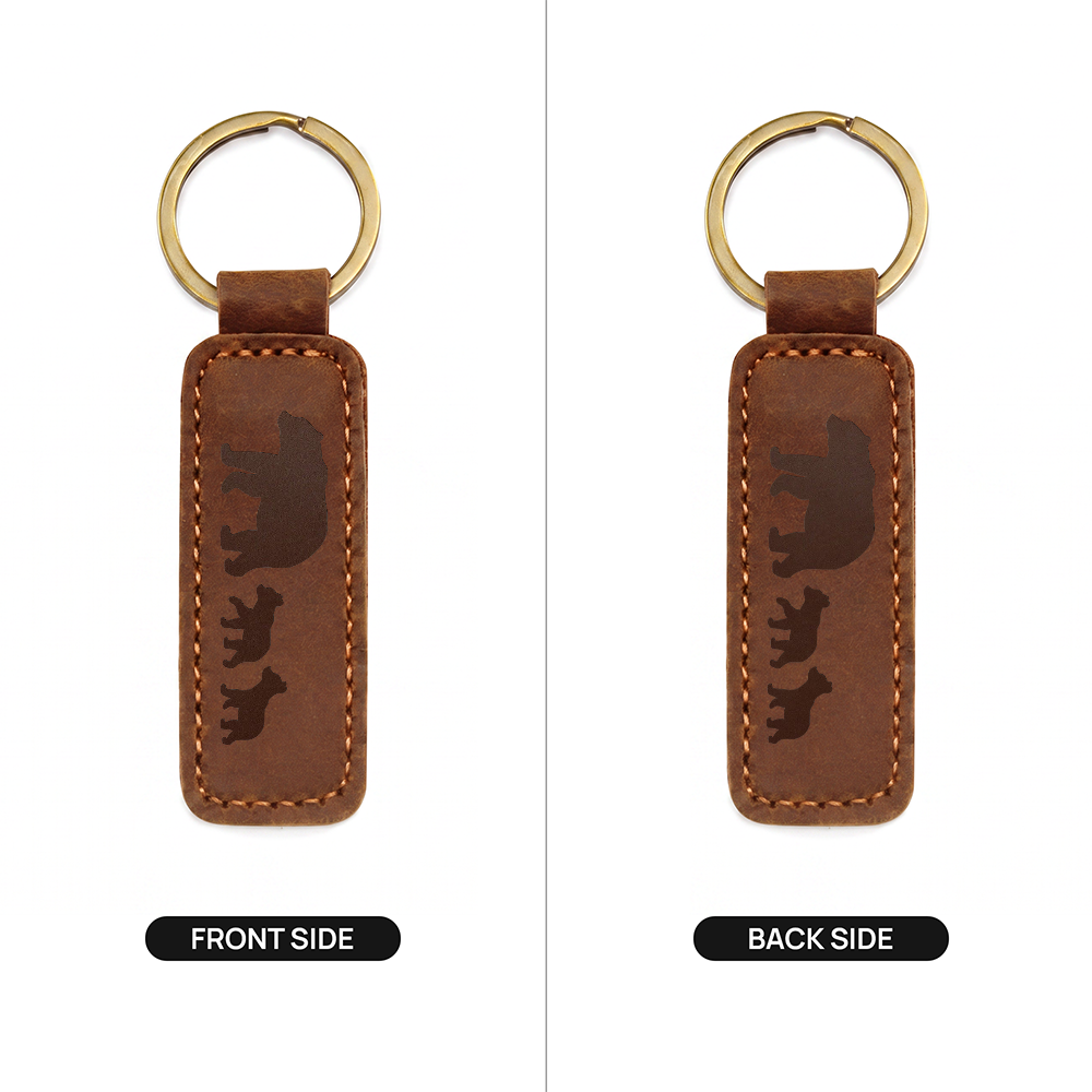 Mama Bear With 2 Cubs - Engraved Leather Keychain