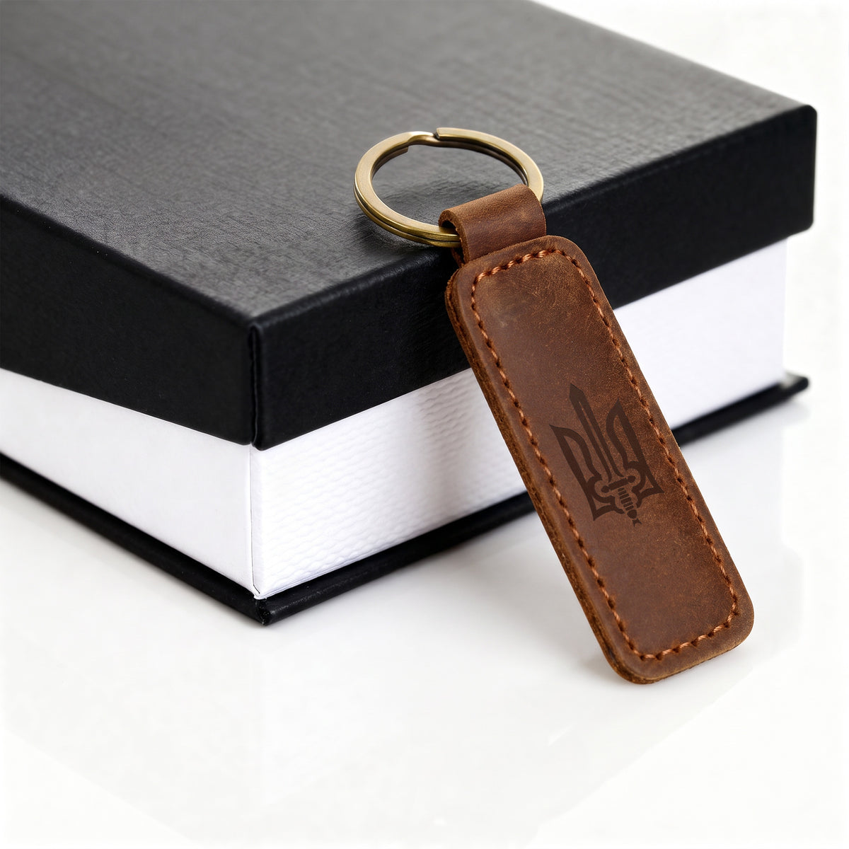 Stylized Tryzub - Engraved Leather Keychain