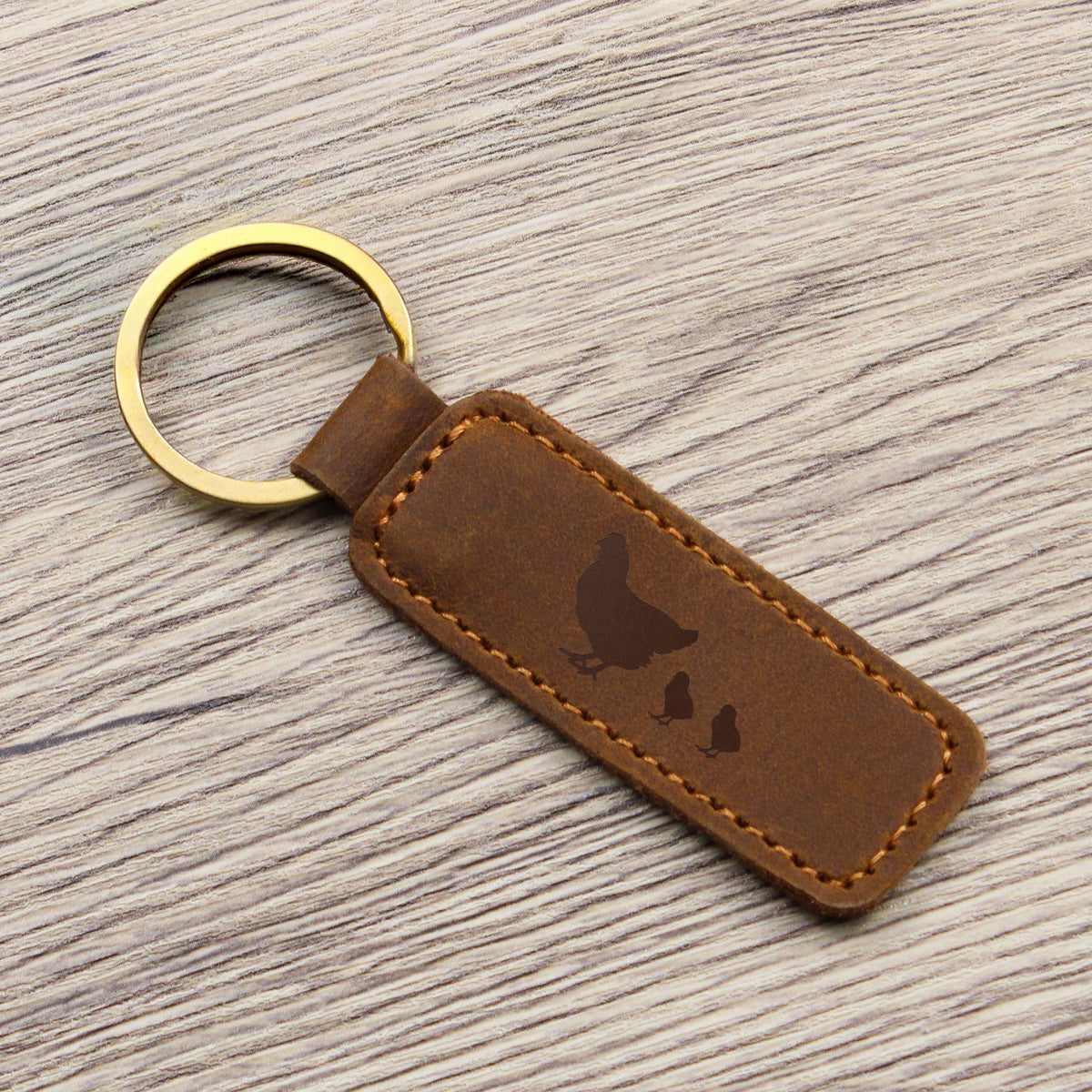 Mama Chicken With 2 Chicks - Engraved Leather Keychain