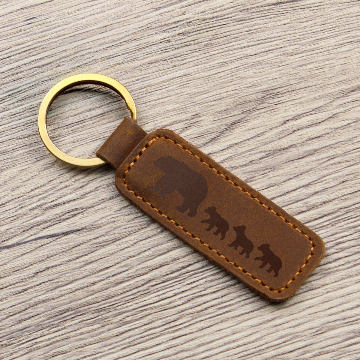 Mama Bear With 3 Cubs - Engraved Leather Keychain