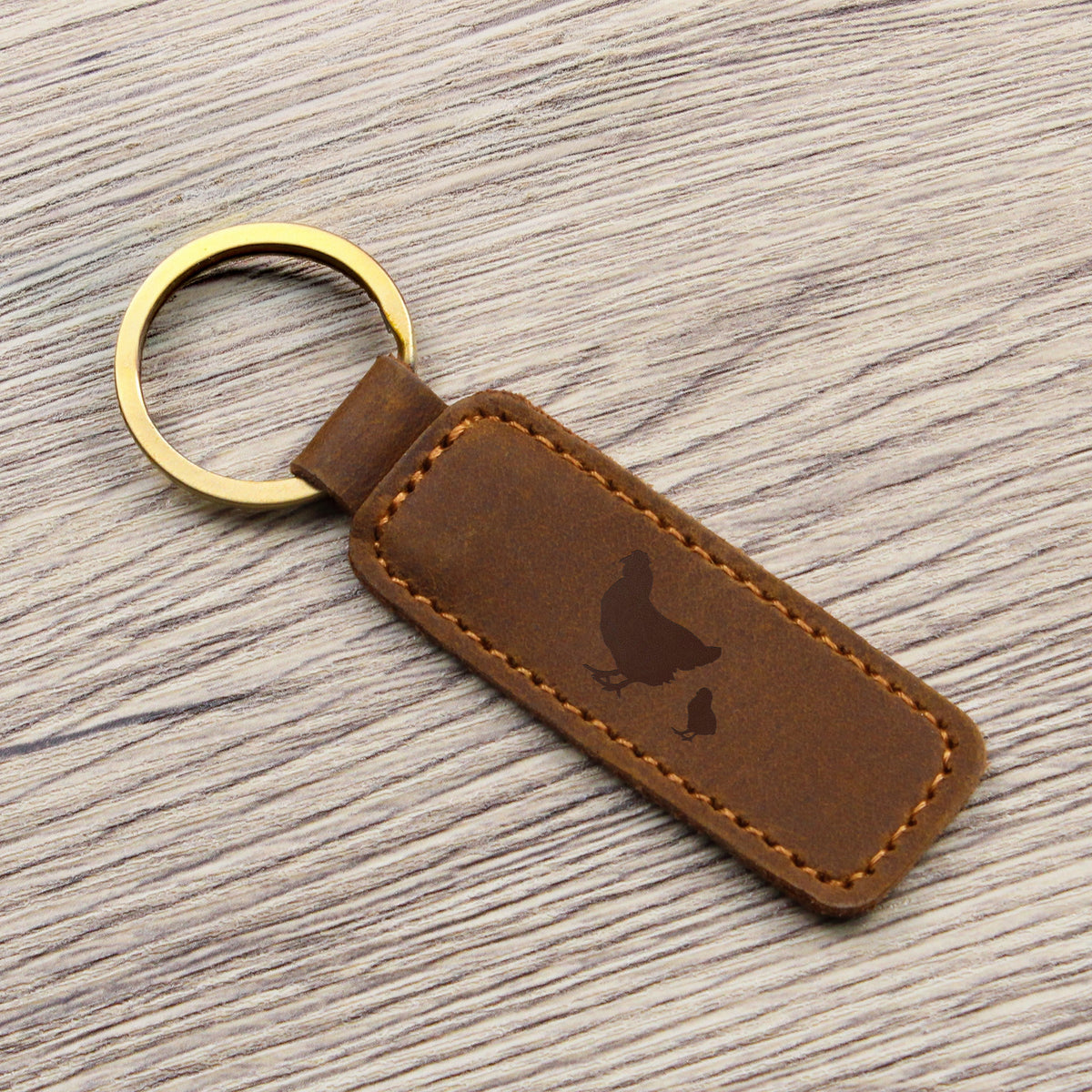 Mama Chicken With 1 Chick - Engraved Leather Keychain