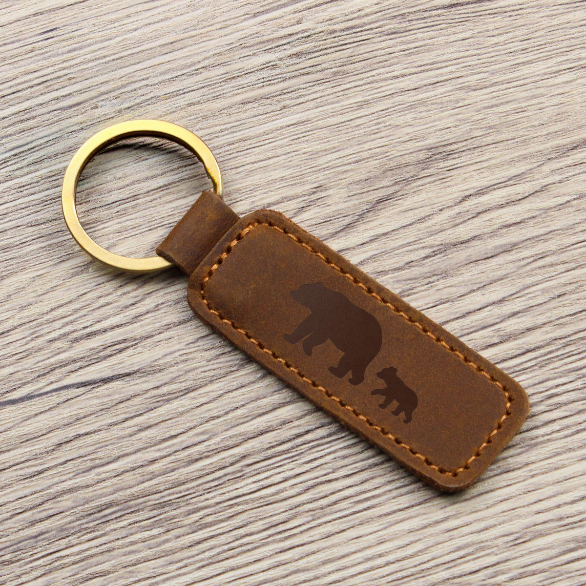 Mama Bear With 1 Cub - Engraved Leather Keychain