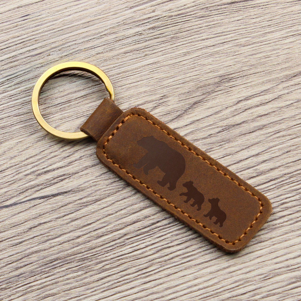 Mama Bear With 2 Cubs - Engraved Leather Keychain