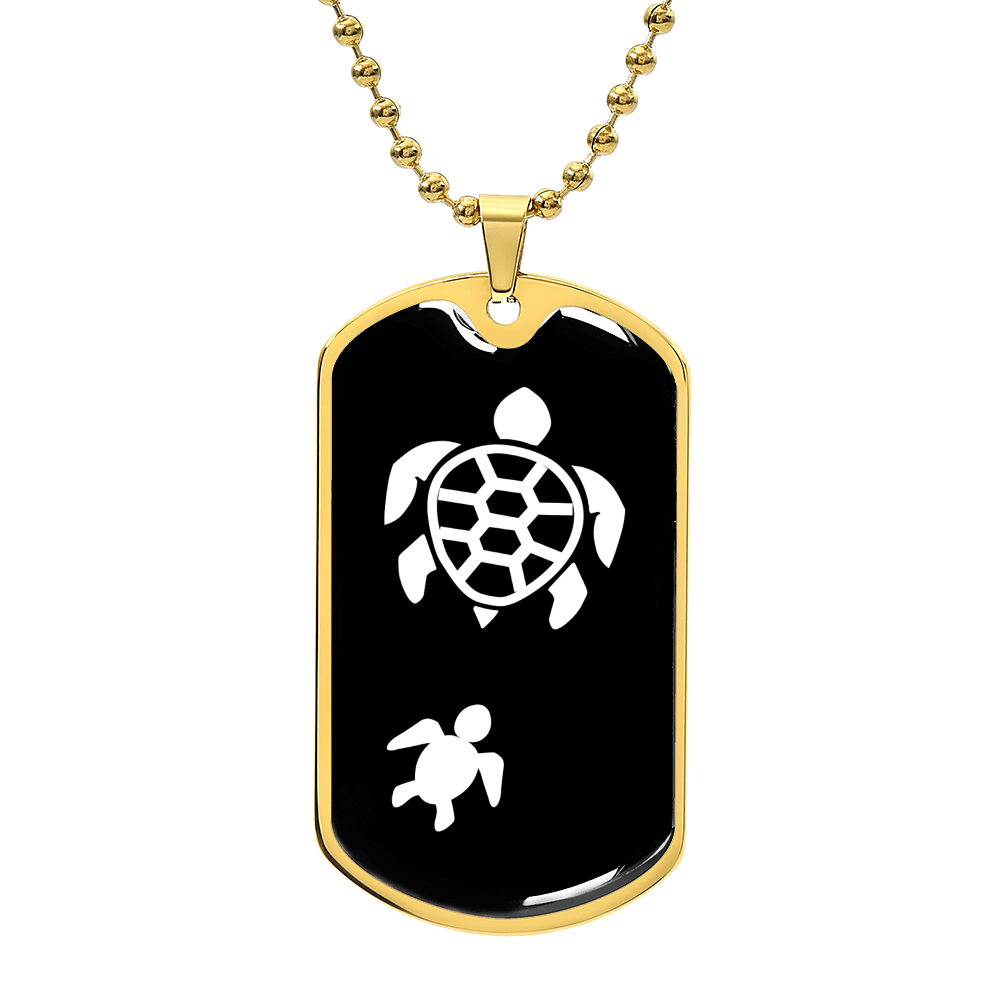 Mama Turtle With 1 Hatchling v3 - 18k Gold Finished Luxury Dog Tag Necklace