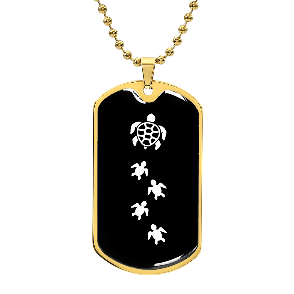 Mama Turtle With 4 Hatchlings v3 - 18k Gold Finished Luxury Dog Tag Necklace