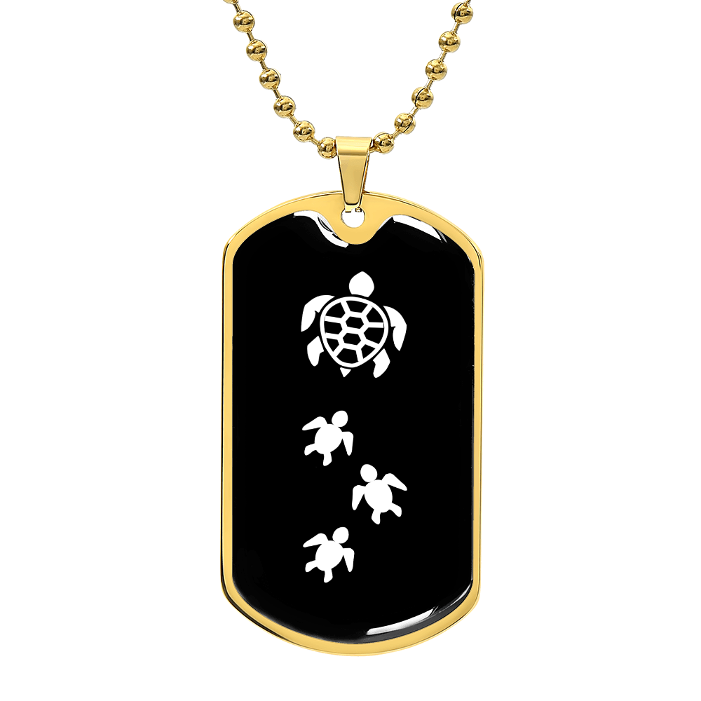 Mama Turtle With 3 Hatchlings v3 - 18k Gold Finished Luxury Dog Tag Necklace