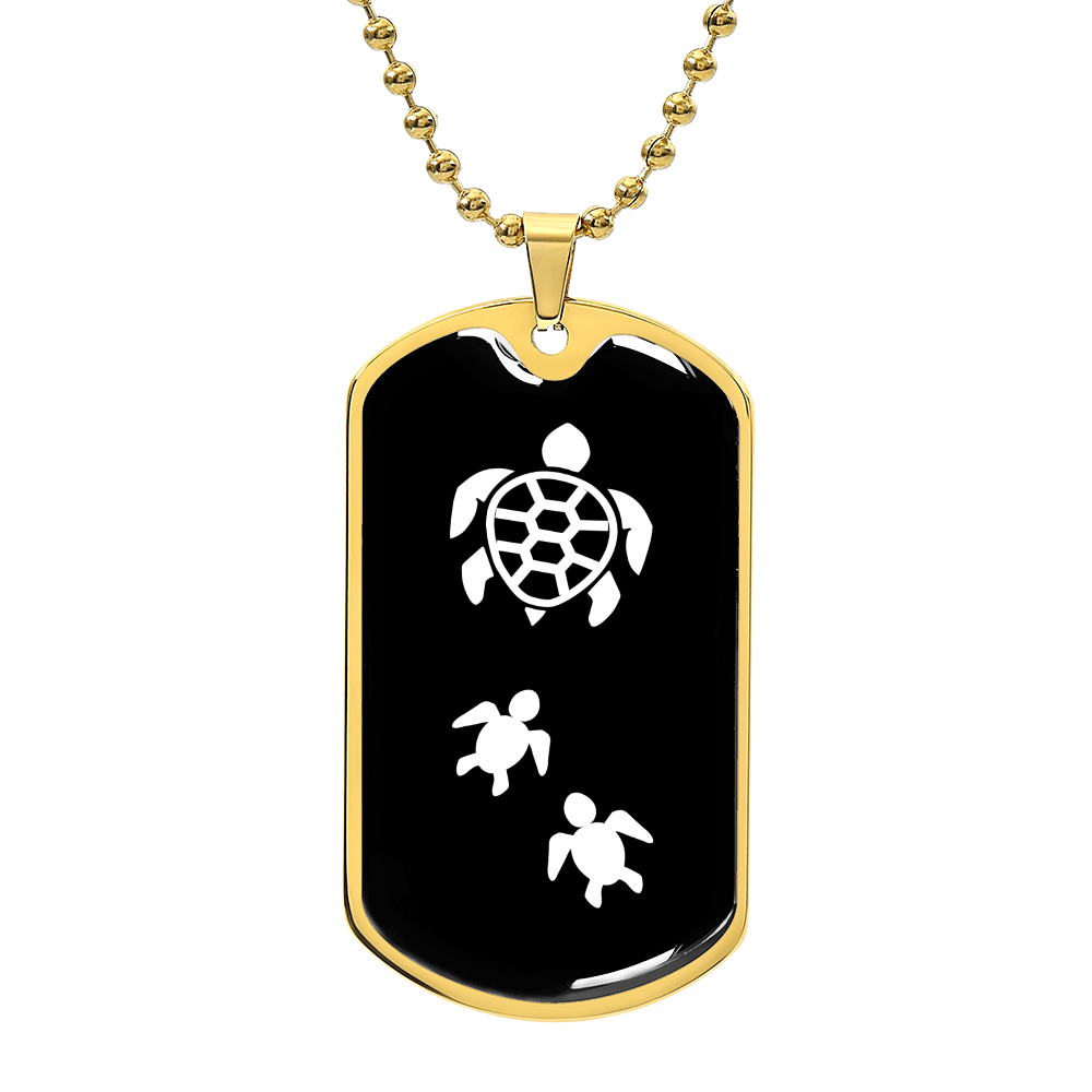 Mama Turtle With 2 Hatchlings v3 - 18k Gold Finished Luxury Dog Tag Necklace