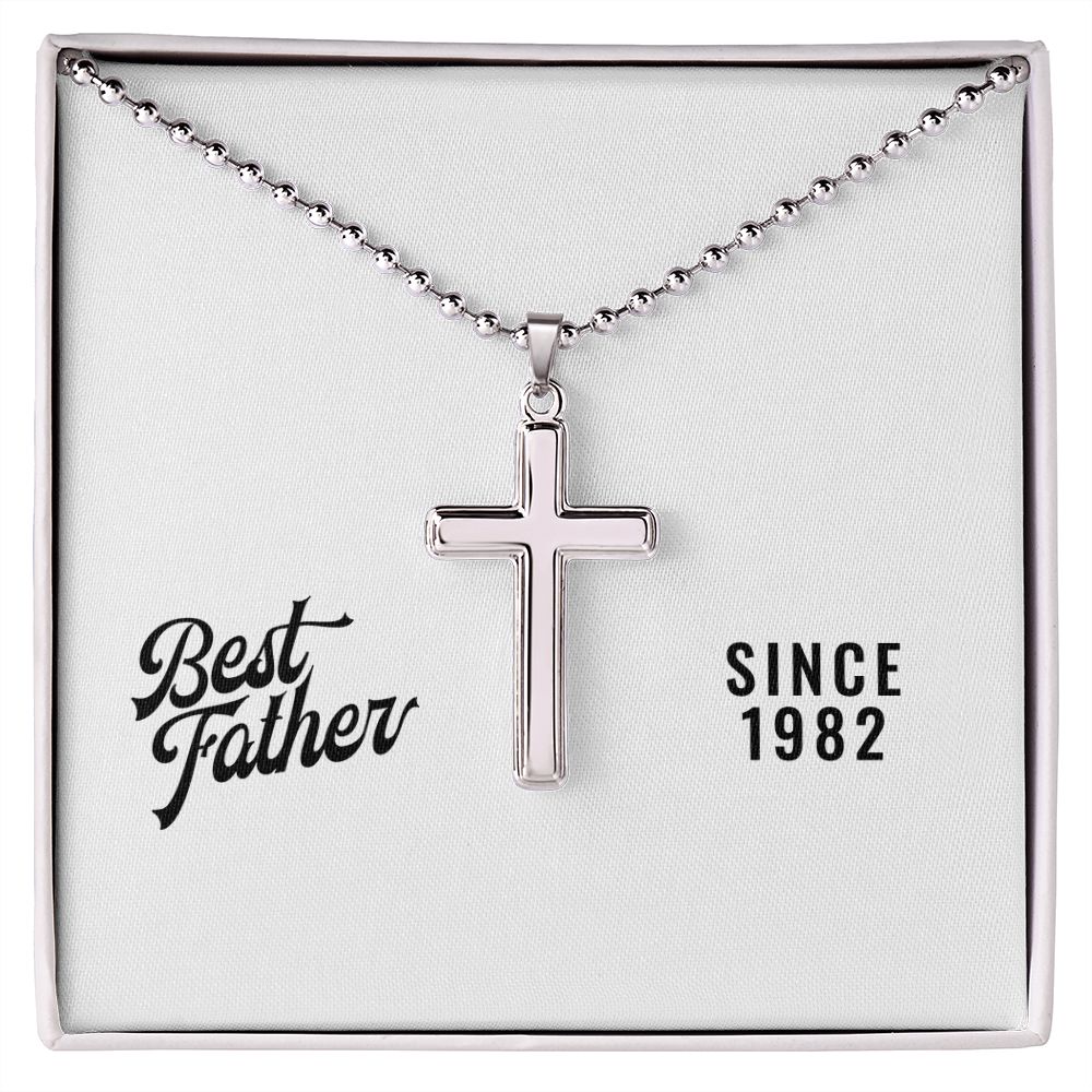 Best Father Since 1982 - Stainless Steel Ball Chain Cross Necklace