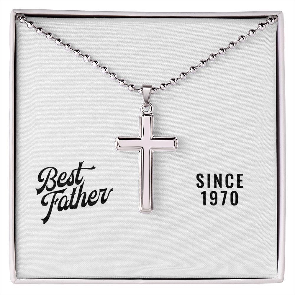 Best Father Since 1970 - Stainless Steel Ball Chain Cross Necklace