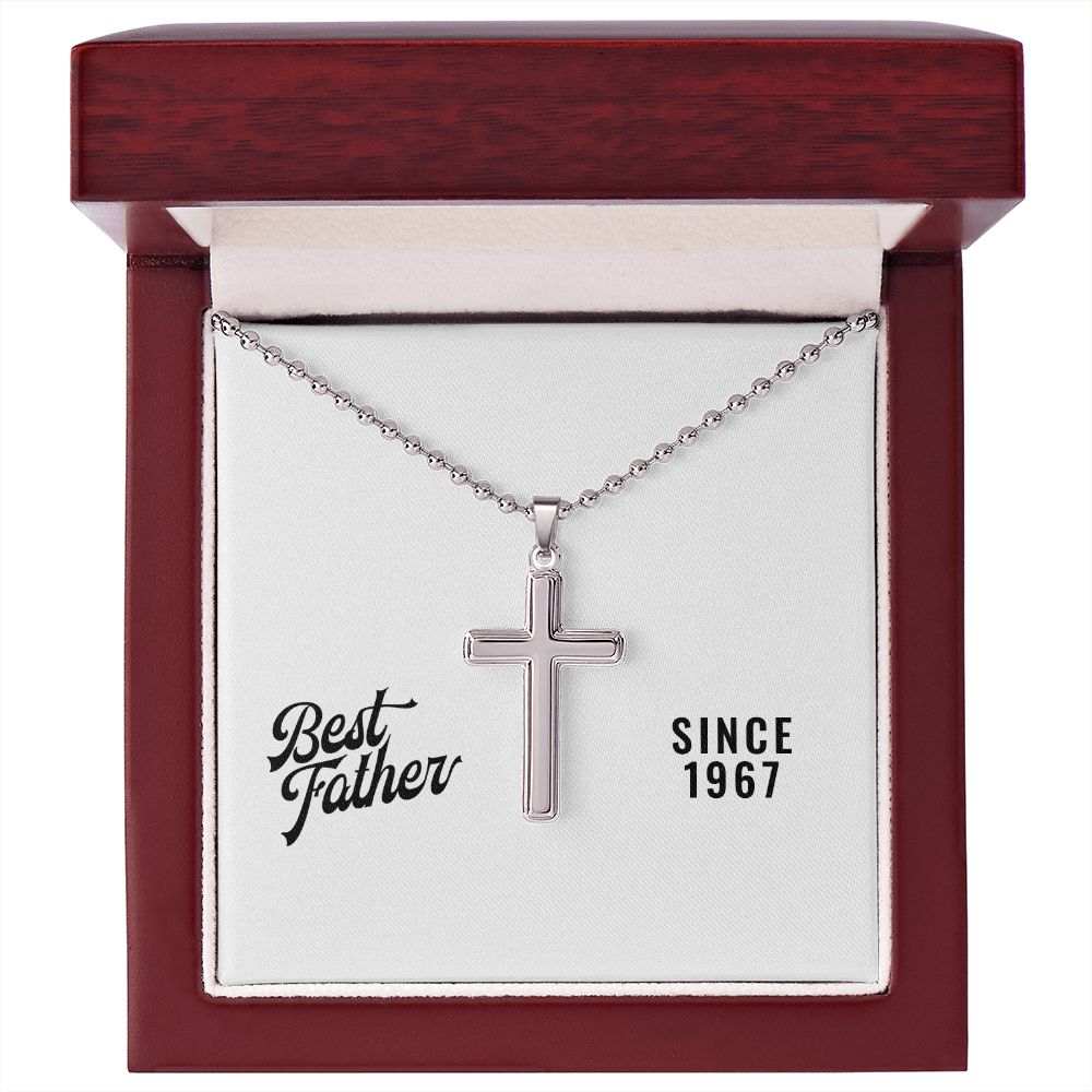 Best Father Since 1967 - Stainless Steel Ball Chain Cross Necklace With Mahogany Style Luxury Box