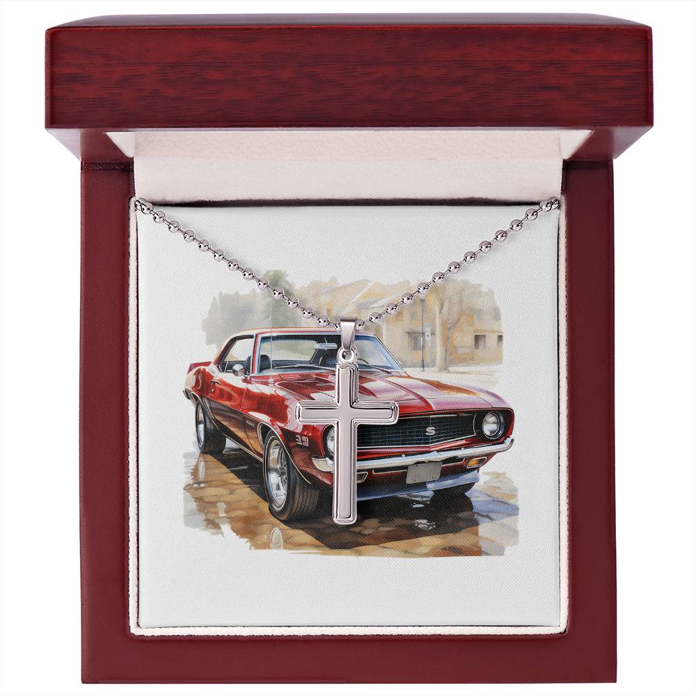 Muscle Car 04 - Stainless Steel Ball Chain Cross Necklace With Mahogany Style Luxury Box