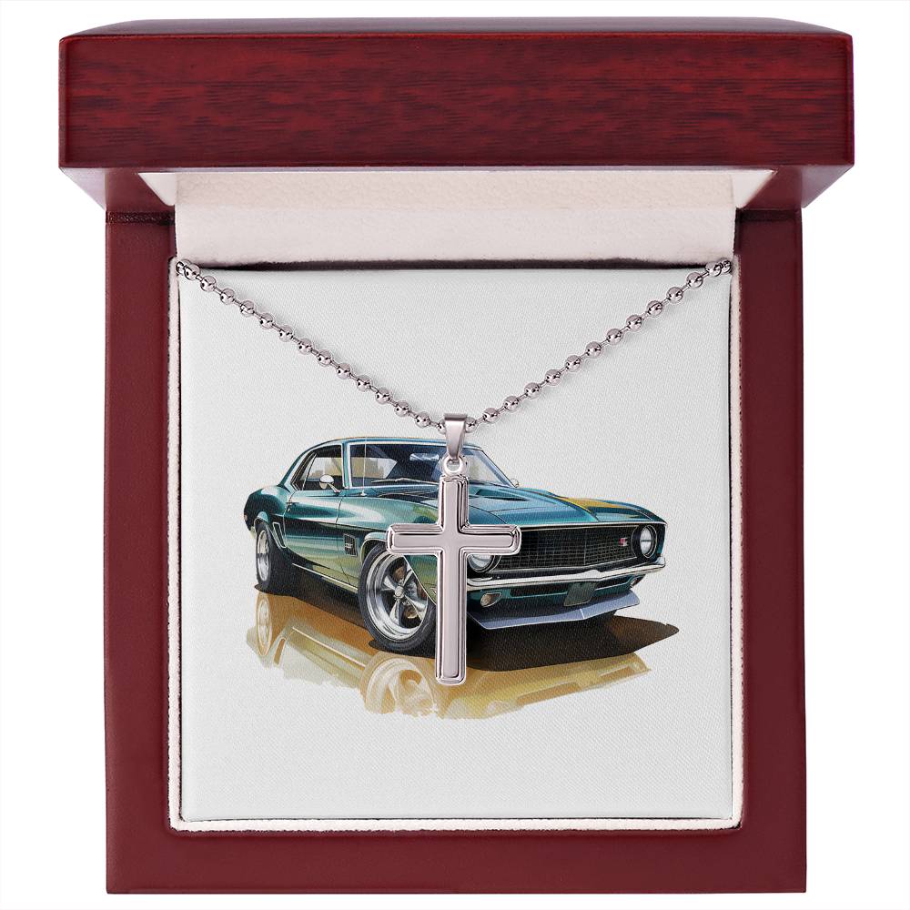Muscle Car 11 - Stainless Steel Ball Chain Cross Necklace With Mahogany Style Luxury Box