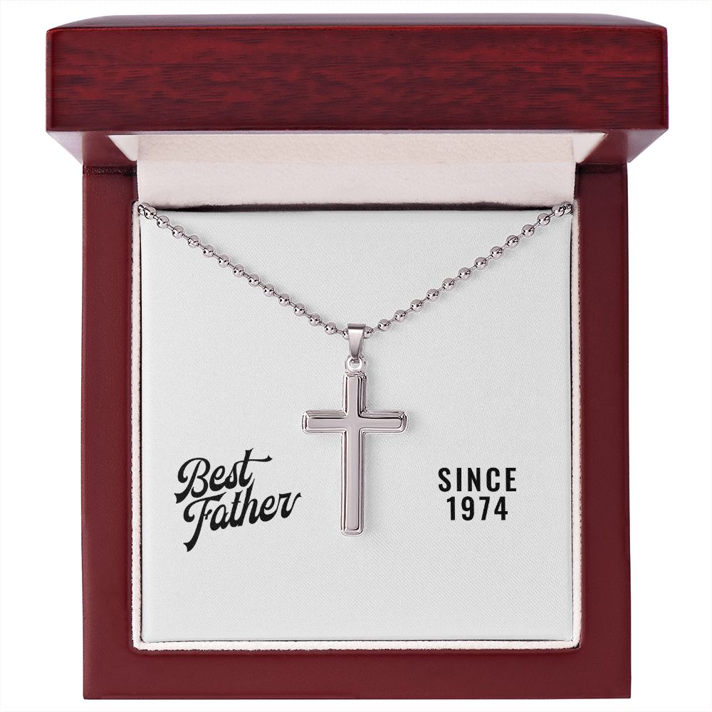 Best Father Since 1974 - Stainless Steel Ball Chain Cross Necklace With Mahogany Style Luxury Box