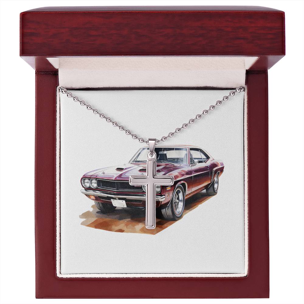 Muscle Car 10 - Stainless Steel Ball Chain Cross Necklace With Mahogany Style Luxury Box