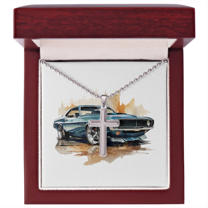 Muscle Car 03 - Stainless Steel Ball Chain Cross Necklace With Mahogany Style Luxury Box