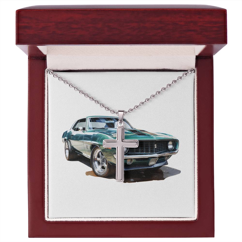Muscle Car 09 - Stainless Steel Ball Chain Cross Necklace With Mahogany Style Luxury Box