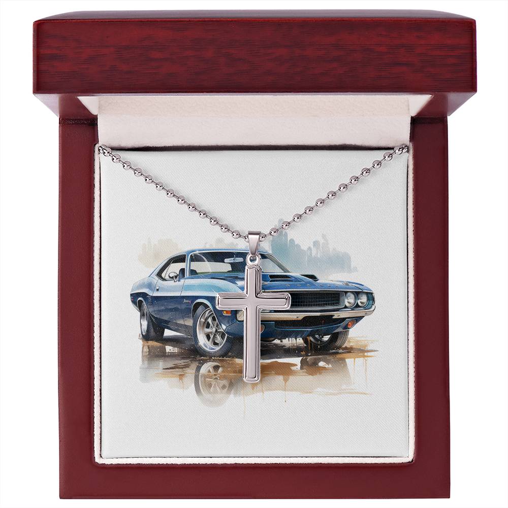 Muscle Car 02 - Stainless Steel Ball Chain Cross Necklace With Mahogany Style Luxury Box