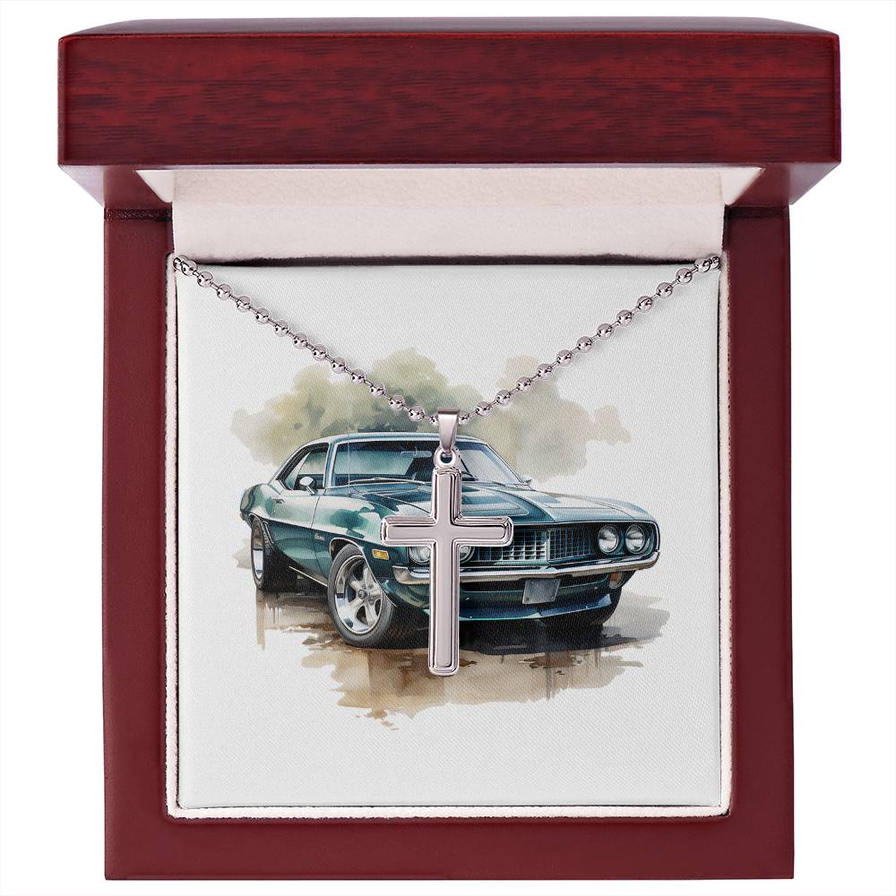 Muscle Car 13 - Stainless Steel Ball Chain Cross Necklace With Mahogany Style Luxury Box