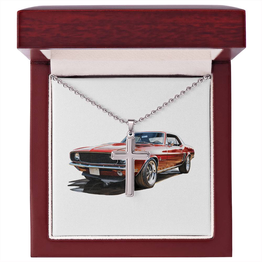 Muscle Car 01 - Stainless Steel Ball Chain Cross Necklace With Mahogany Style Luxury Box