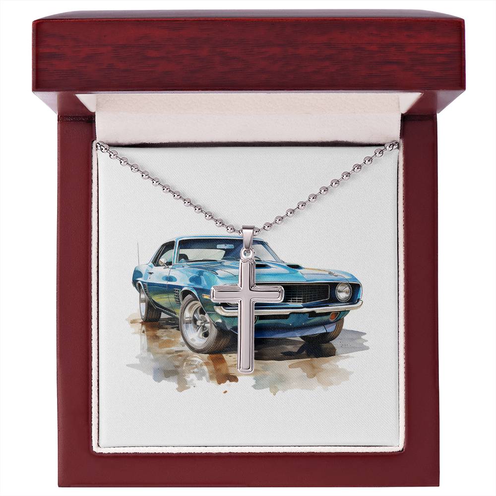 Muscle Car 12 - Stainless Steel Ball Chain Cross Necklace With Mahogany Style Luxury Box