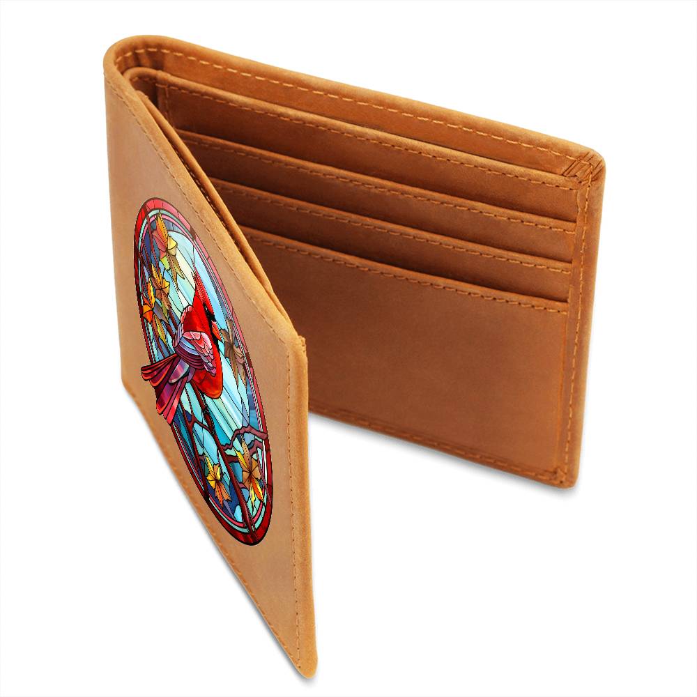 Christmas Red Cardinal Stained Glass Design 030 - Leather Wallet