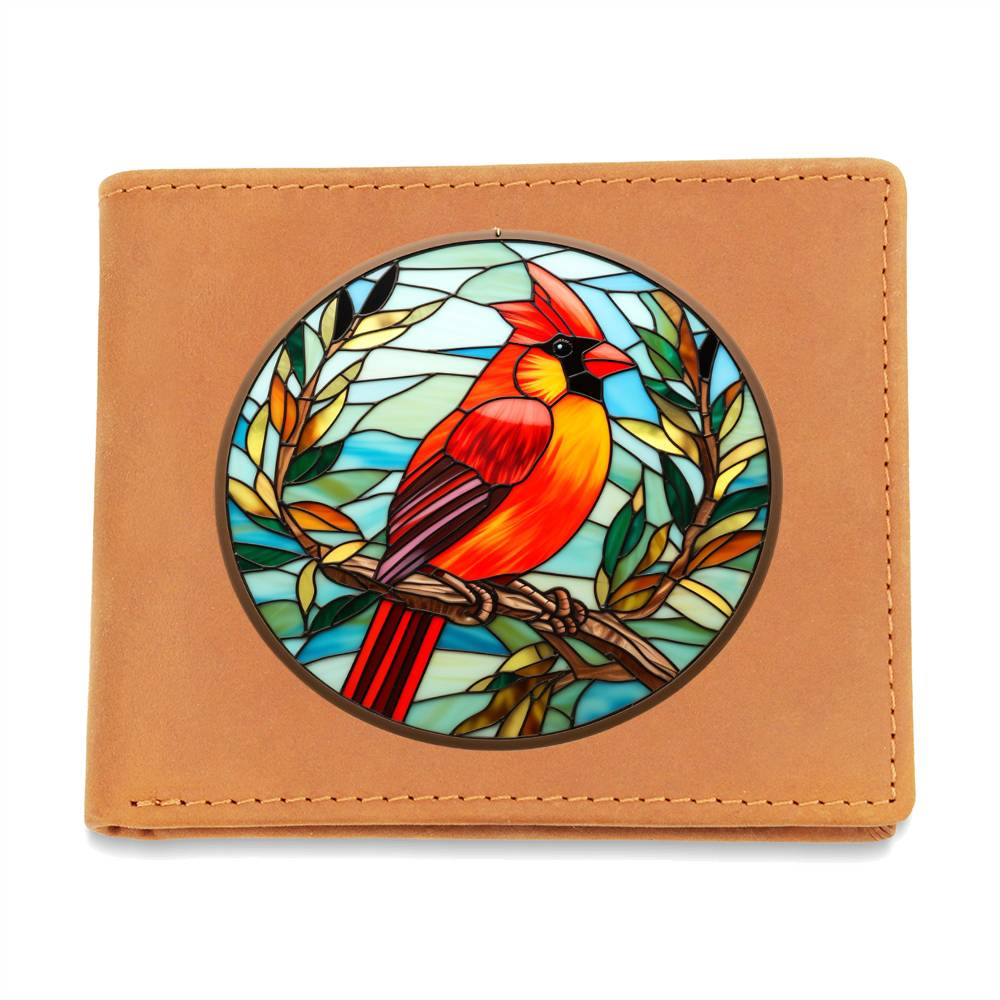 Christmas Red Cardinal Stained Glass Design 020 - Leather Wallet