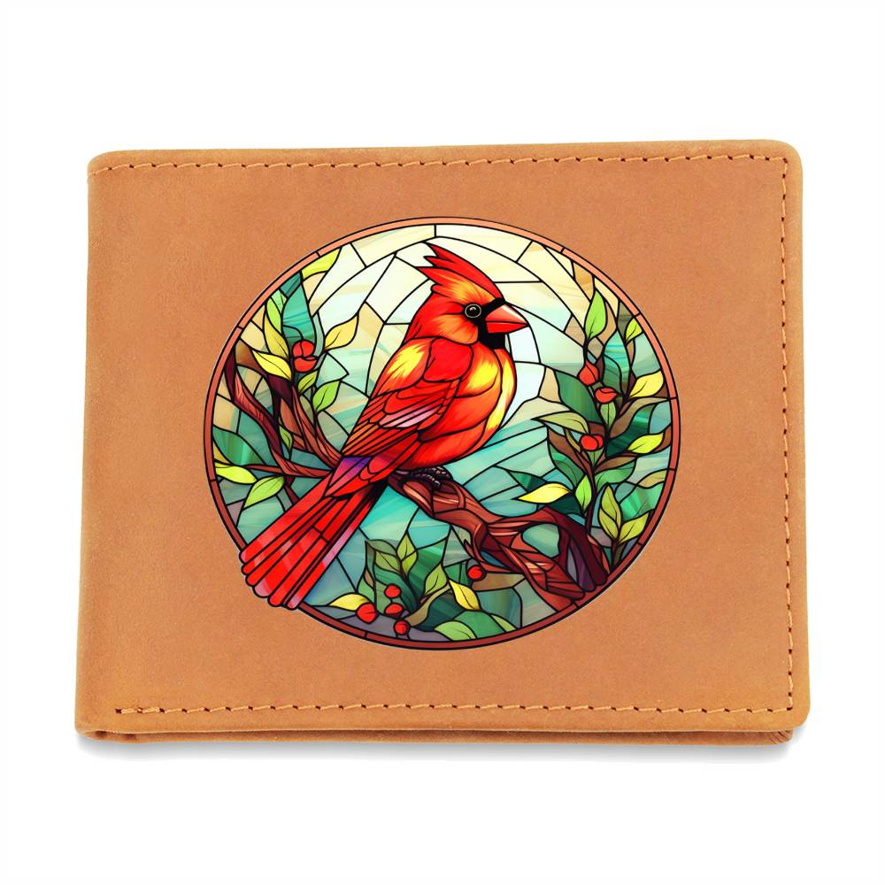 Christmas Red Cardinal Stained Glass Design 006 - Leather Wallet