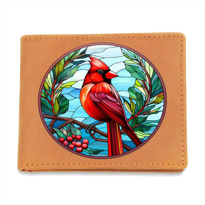 Christmas Red Cardinal Stained Glass Design 026 - Leather Wallet