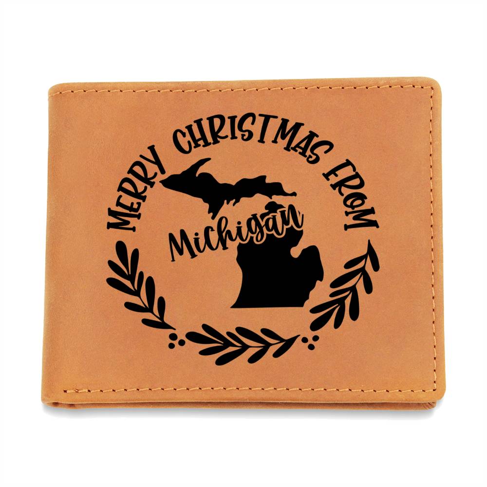 Merry Christmas From Michigan - Leather Wallet